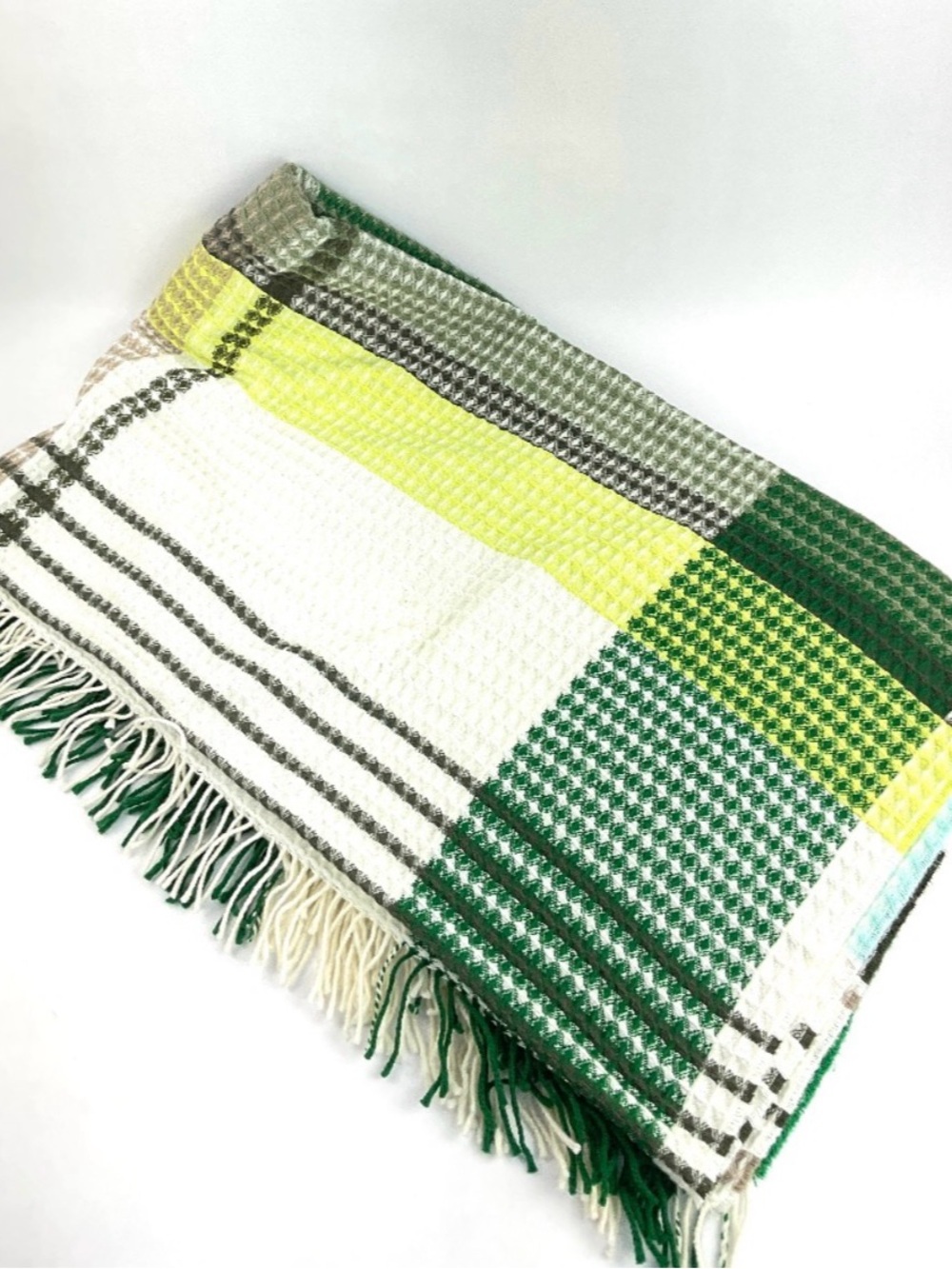 Designers Guild Green, White & Gray Waffle Fringe Throw